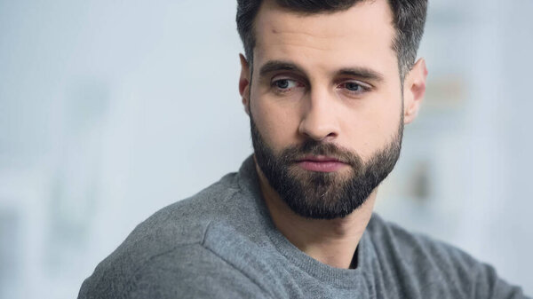 Upset Bearded Man Thinking While Looking Away Home — Stock Photo, Image