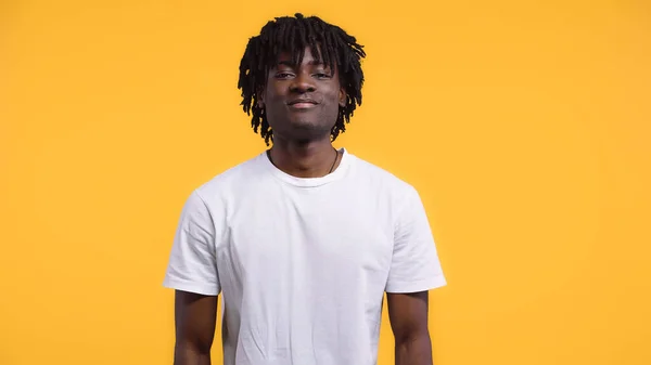 Pleased Happy African American Man Dreadlocks Isolated Yellow — Stock Photo, Image