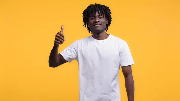 Young African American Man White Shirt Showing Thumb Isolated Yellow — Stock Photo, Image