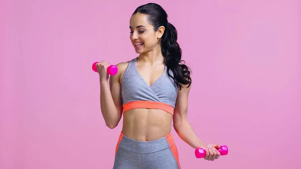 Happy Sportswoman Working Out Dumbbells Isolated Pink — Stock Photo, Image