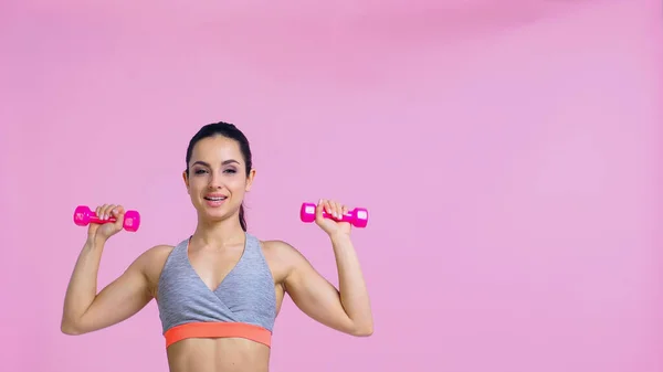 Cheerful Woman Working Out Dumbbells Isolated Pink — Stock Photo, Image