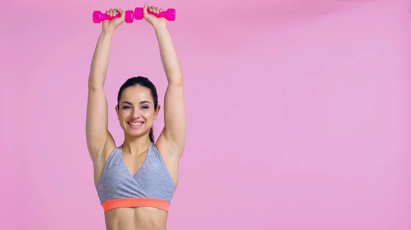 Happy Woman Working Out Dumbbells Isolated Pink — Stock Photo, Image