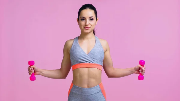 Pleased Young Woman Working Out Dumbbells Isolated Pink — Stock Photo, Image