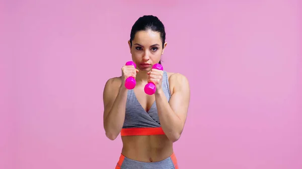 Mujer Fuerte Haciendo Ejercicio Con Mancuernas Aisladas Rosa — Foto de Stock