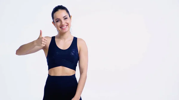 Alegre Joven Deportista Mostrando Pulgar Hacia Arriba Aislado Blanco — Foto de Stock