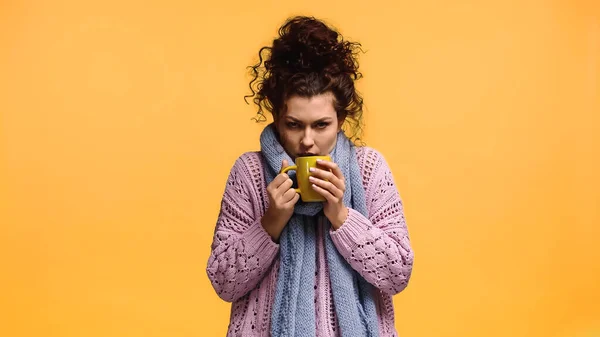Woman Knitted Sweater Scarf Holding Cup Warm Beverage Isolated Orange — Stock Photo, Image
