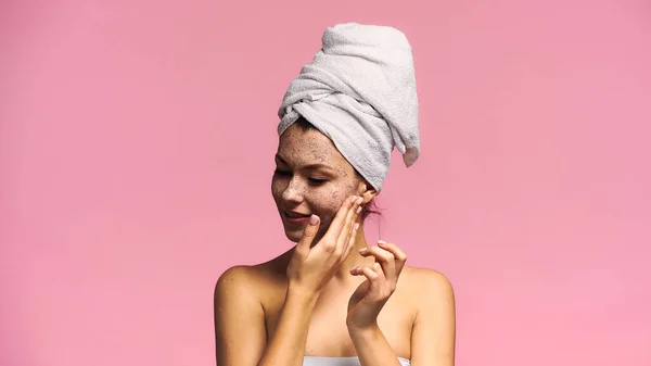 Positive Woman White Towel Head Applying Face Mask Isolated Pink — Stock Photo, Image