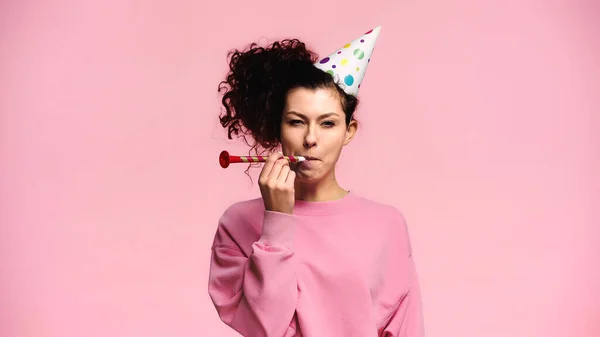 Young Woman Curly Hair Blowing Party Horn Isolated Pink — Stock Photo, Image