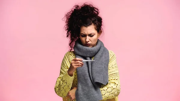 Displeased Woman Scarf Sweater Looking Thermometer Isolated Pink — Stock Photo, Image