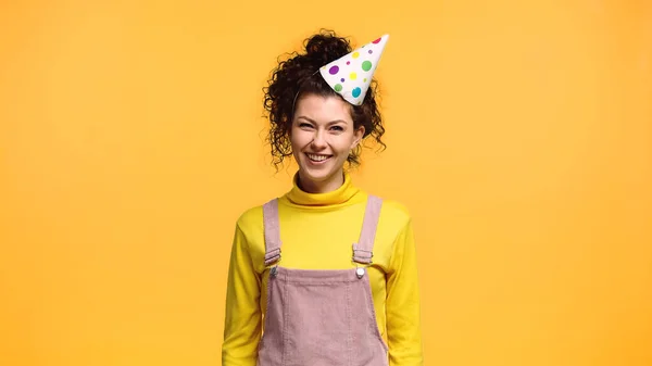 Cheerful Woman Party Cap Yellow Turtleneck Looking Camera Isolated Orange — Stock Photo, Image