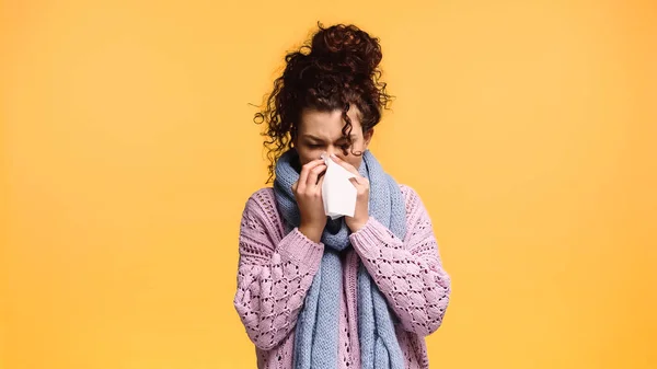 Young Woman Warm Sweater Scarf Drinking Tea Isolated Orange — Stock Photo, Image