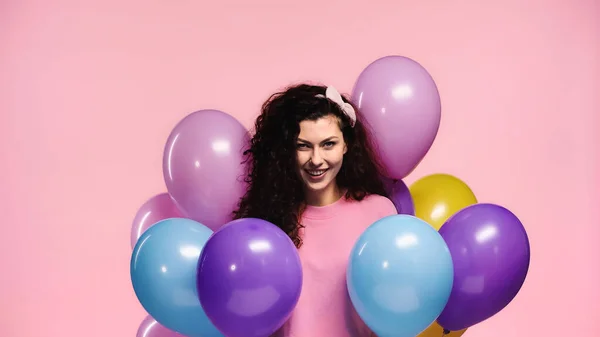 Joyful Woman Smiling Camera Multicolored Balloons Isolated Pink — Stock Photo, Image