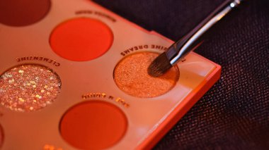 close up of cosmetic brush near eye shadow with tangerine dreams lettering clipart