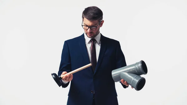 Businessman Holding Plunger Plastic Pipe Isolated White — Stock Photo, Image