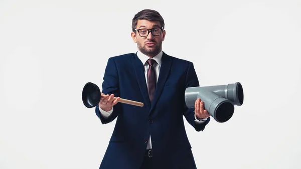 Confused Businessman Holding Plastic Pipe Plunger Isolated White — Stock Photo, Image