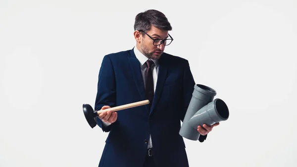 Confused Manager Suit Holding Plastic Pipe Plunger Isolated White — Stock Photo, Image