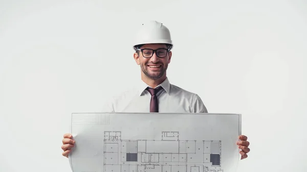 Ingeniero Alegre Mostrando Plano Aislado Blanco — Foto de Stock