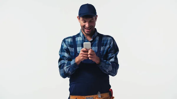 Manitas Positivas Usando Smartphone Aislado Blanco — Foto de Stock