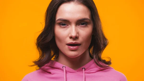 Sly Brunette Woman Looking Camera Isolated Yellow — Stock Photo, Image