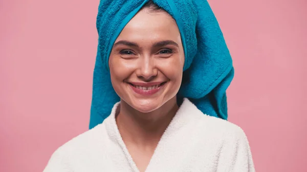 Cheerful Woman Clean Face Terry Towel Head Looking Camera Isolated — Stock Photo, Image