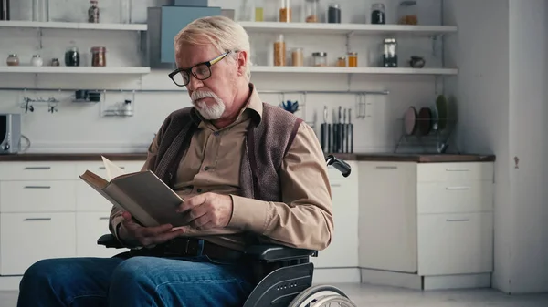 Handicapped Senior Man Wheelchair Reading Novel — Stock Photo, Image