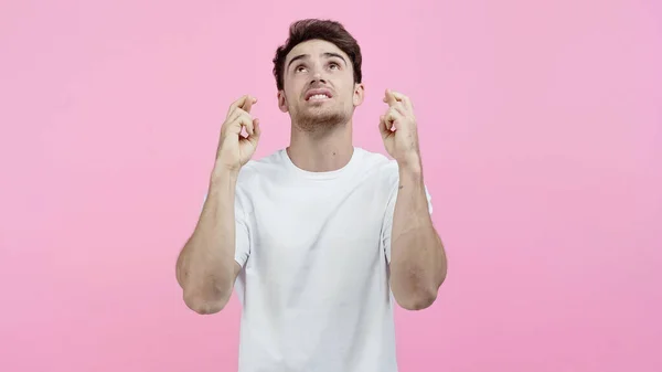 Hombre joven en camiseta blanca mostrando los dedos cruzados y mirando hacia arriba aislado en rosa - foto de stock