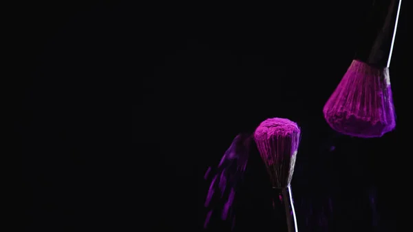 Cepillos cosméticos con polvo morado profundo sobre fondo negro - foto de stock