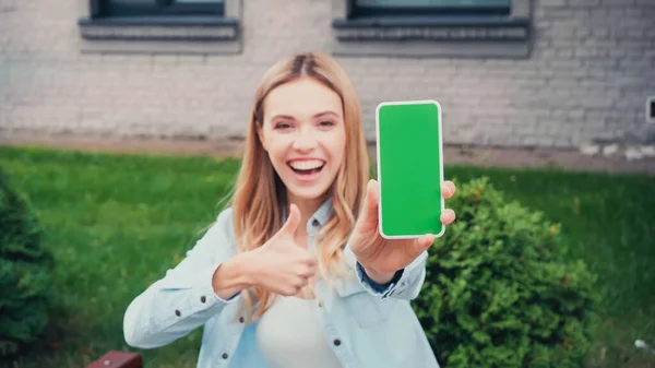 Studente sfocato e allegro in possesso di smartphone con schermo verde mentre mostra pollice verso l'alto vicino all'edificio — Foto stock