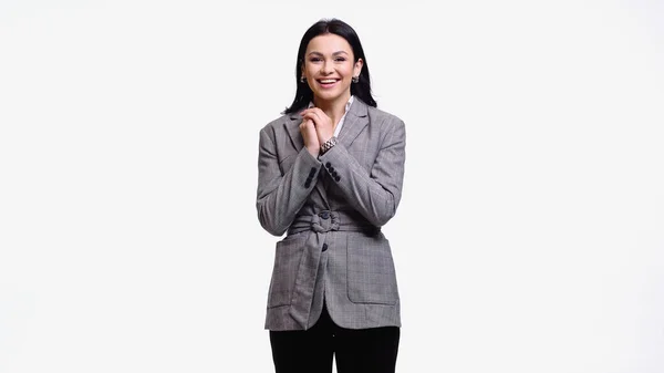 Gerente sorrindo no desgaste formal olhando para a câmera isolada no branco — Fotografia de Stock