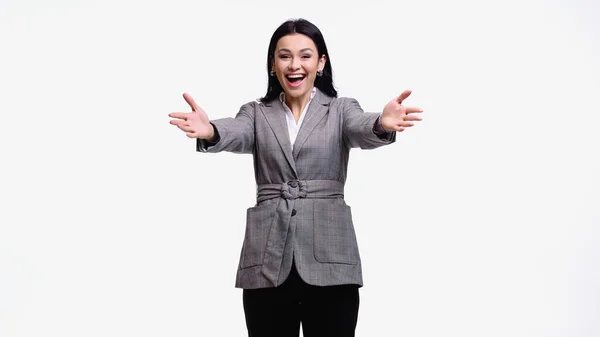 Manager eccitato con le mani tese guardando la fotocamera isolata su bianco — Foto stock