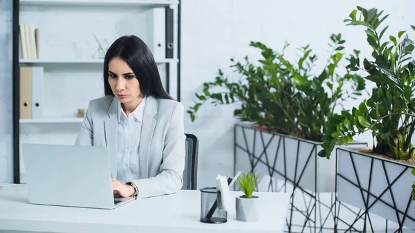 Donna d'affari insoddisfatta che usa il computer portatile in ufficio moderno — Foto stock