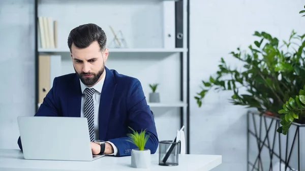 Uomo d'affari sconvolto in giacca e cravatta utilizzando il computer portatile in ufficio moderno — Foto stock