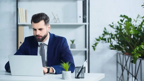 Homem de negócios triste em terno usando laptop no escritório moderno — Fotografia de Stock