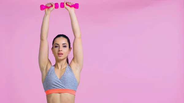 Morena mujer haciendo ejercicio con mancuernas aisladas en rosa - foto de stock