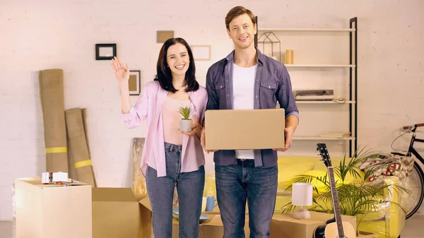 Mujer feliz agitando la mano y sosteniendo la planta cerca del hombre con caja en un nuevo hogar - foto de stock