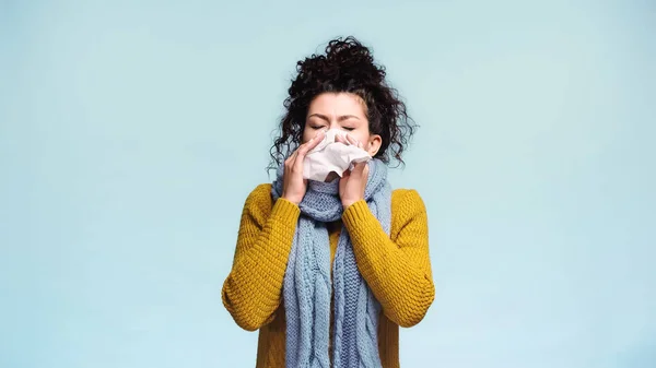 Diseased woman in warm sweater and scarf sneezing in paper napkin isolated on blue — Stock Photo