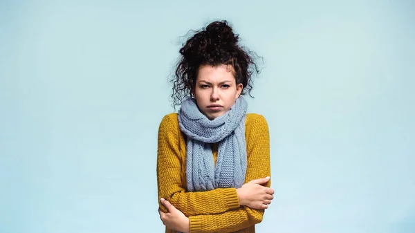 Femme gelée en pull chaud et écharpe regardant la caméra isolée sur bleu — Photo de stock