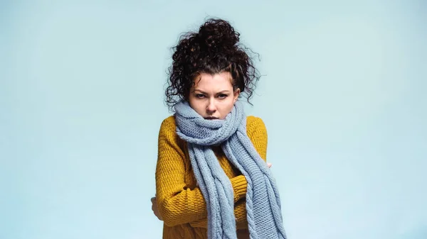 Жінка в теплому светрі і шарфі обнімається під час замерзання ізольована на синьому — стокове фото
