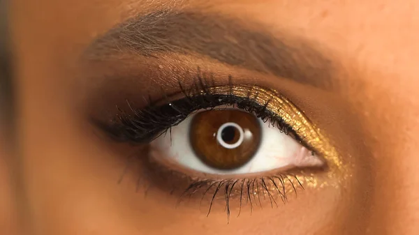 Visão parcial da mulher afro-americana com olho castanho e sombra de olhos cintilantes com brilho — Fotografia de Stock