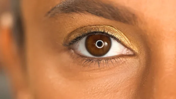 Vista cortada da mulher americana africana com olho marrom e sombra dourada — Fotografia de Stock