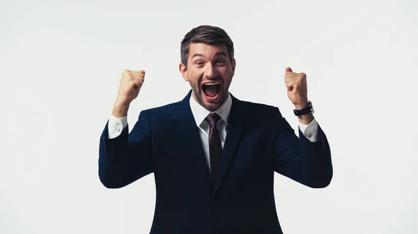 Excited manager with open mouth showing yes gesture isolated on white — Stock Photo