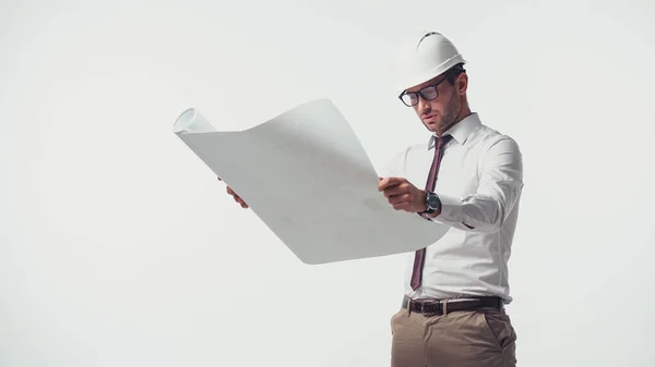 Architect in eyeglasses and hardhat holding blueprint isolated on white — Stock Photo