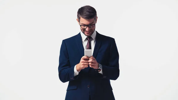 Positive Manager-SMS auf dem Handy isoliert auf weiß — Stockfoto