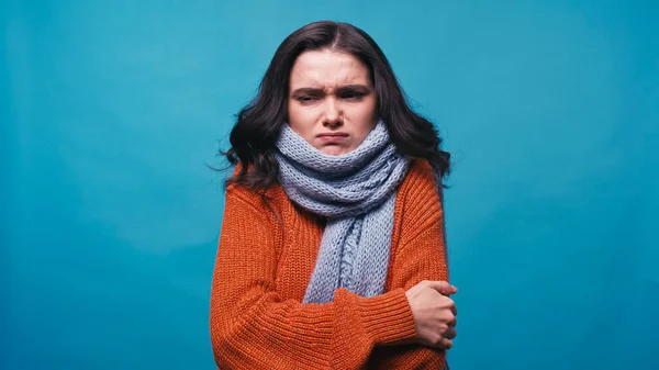 Thick and frozen woman in warm scarf hugging herself isolated on blue — Stock Photo