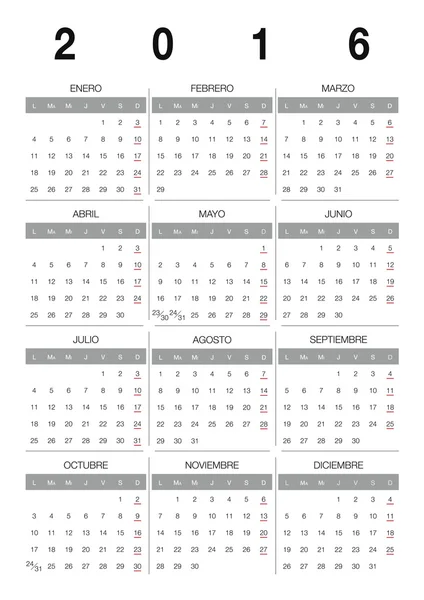 Ημερολόγιο 2016 Ισπανικά — Διανυσματικό Αρχείο