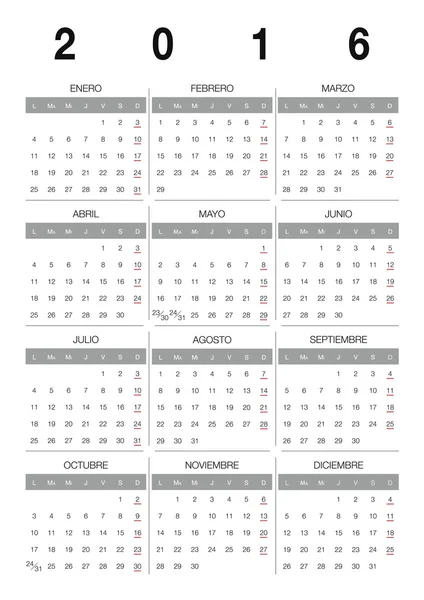 Calendário 2016 Espanhol — Vetor de Stock