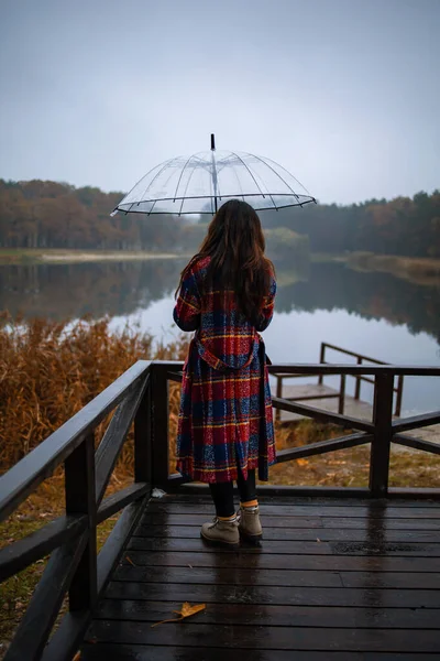 Lonely Fille Triste Sur Lac Avec Parapluie Par Mauvais Temps — Photo