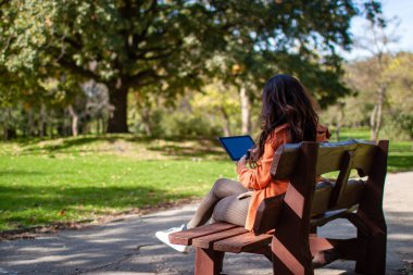 Üniversite öğrencisi parkta otururken dizüstü bilgisayarında daktilo kullanıyor.