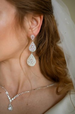 Düğün gününde mutlu bir gelin. Mücevherleri olan şehvetli kadın..