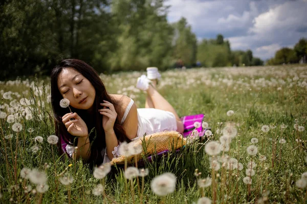 Young Beautiful Asian Woman Holding Bunch Dandelion Flowers Relaxing Grass — Stock Photo, Image